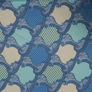 Medium Blue with Aqua Polka Dots and Arabesque Jacquard Printed Silk Charmeuse Fabric